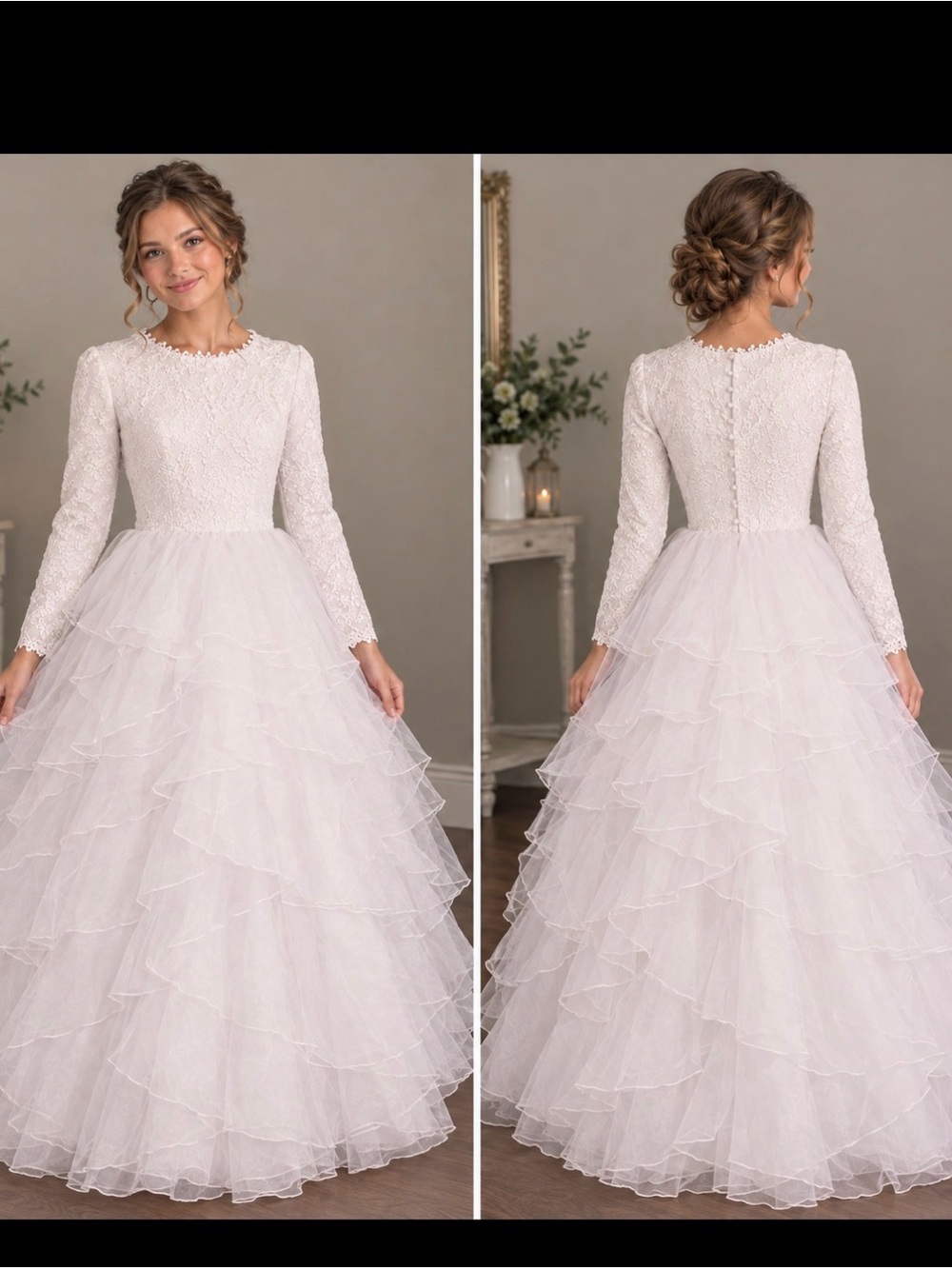 Long Sleeve Lace & Tiered Tulle Bridal Dress - White